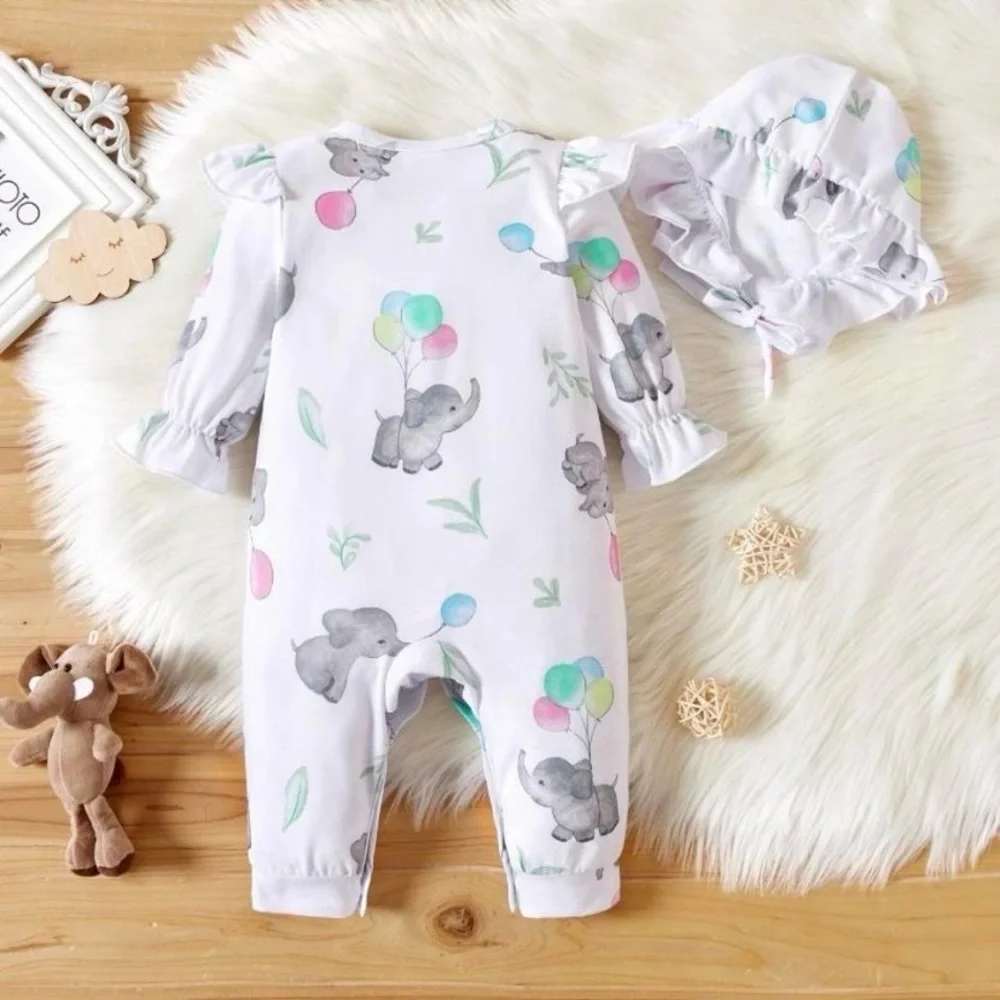 Size 9-12 months, girls 2 pc outfit, elephant holding balloons, hat, long sleeve